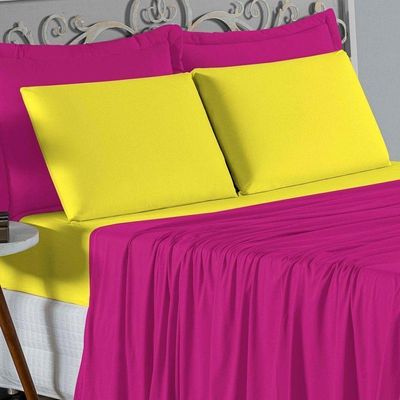 Jogo De Cama King Nobre 4 Peças Lençol Com Elástico De 30cm De Altura Malha 100% Algodão - Pink / Amarelo