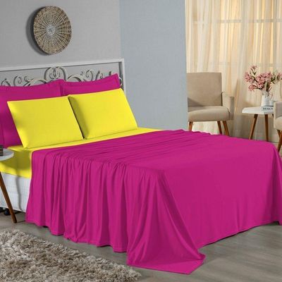 Jogo De Cama King Nobre 4 Peças Lençol Com Elástico De 30cm De Altura Malha 100% Algodão - Pink / Amarelo