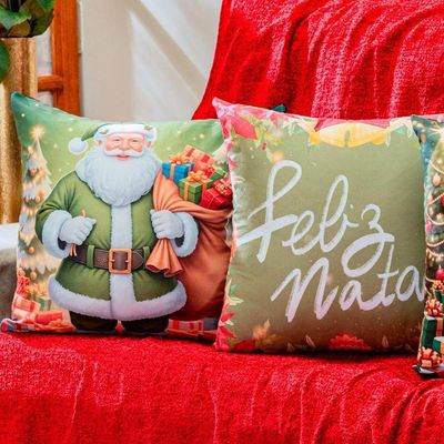 Kit Com 4 Capas De Almofadas Estampadas Natalinas 45cm X 45cm - Decorativas Festas Ceia Fim De Ano Cor Feliz Natal Verde