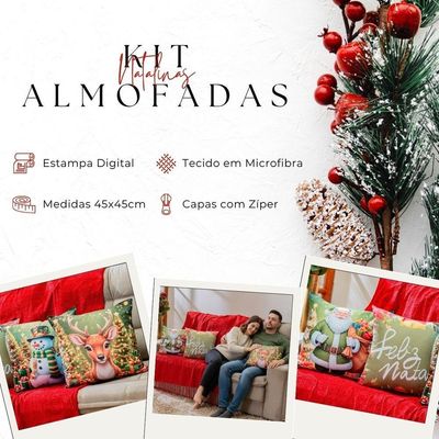 Kit Com 4 Capas De Almofadas Estampadas Natalinas 45cm X 45cm - Decorativas Festas Ceia Fim De Ano Cor Feliz Natal Verde