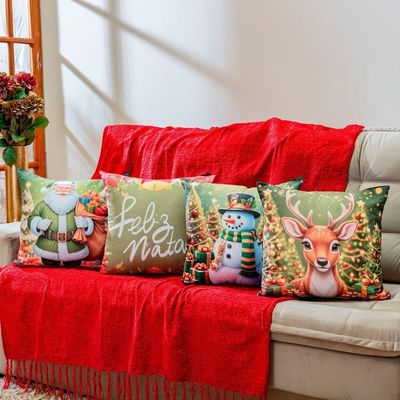 Kit Com 4 Capas De Almofadas Estampadas Natalinas 45cm X 45cm - Decorativas Festas Ceia Fim De Ano Cor Feliz Natal Verde