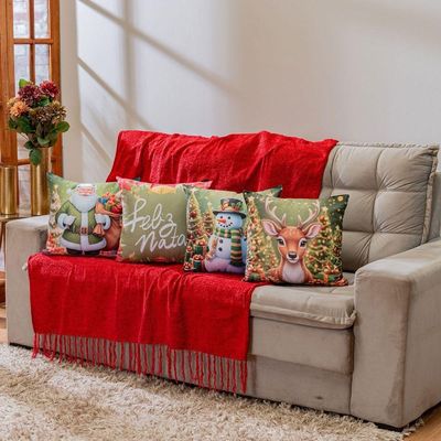 Kit Com 4 Capas De Almofadas Estampadas Natalinas 45cm X 45cm - Decorativas Festas Ceia Fim De Ano Cor Feliz Natal Verde