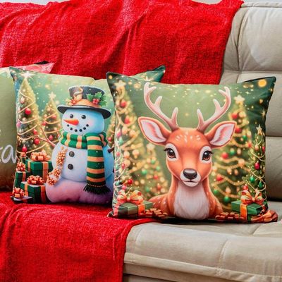 Kit Com 4 Capas De Almofadas Estampadas Natalinas 45cm X 45cm - Decorativas Festas Ceia Fim De Ano Cor Feliz Natal Verde