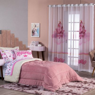 Kit Coberdrom Cobertor Solteiro Princesa Rosê Dupla Face Com Almofada Estampada 03 Peças - Tecido Mantinha E Sherpa