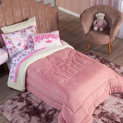 Kit Coberdrom Cobertor Solteiro Princesa Rosê Dupla Face Com Almofada Estampada 03 Peças - Tecido Mantinha E Sherpa