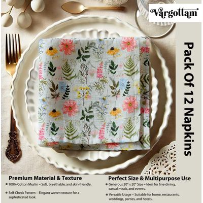 Guardanapos de Musselina de Algodão, Conj 12, 51x51 cm, Azul para Jantares Românticos, Primavera e Dia a Dia, Lavável à Máquina - Vargottam 50,8 Cm × 50,8 Cm – Pacote Com 12 Peças / Azul
