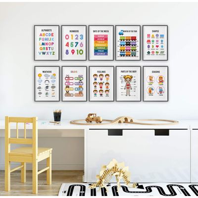 10 Pôsteres Laminados Educativos para Sala de Aula/Pré-Escola: Alfabeto, Dias da Semana, Emoções, Partes do Corpo, Estações - Traceease 27,94 Cm × 43,18 Cm / Multicolorido