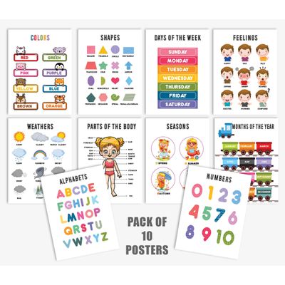 10 Pôsteres Laminados Educativos para Sala de Aula/Pré-Escola: Alfabeto, Dias da Semana, Emoções, Partes do Corpo, Estações - Traceease 27,94 Cm × 43,18 Cm / Multicolorido