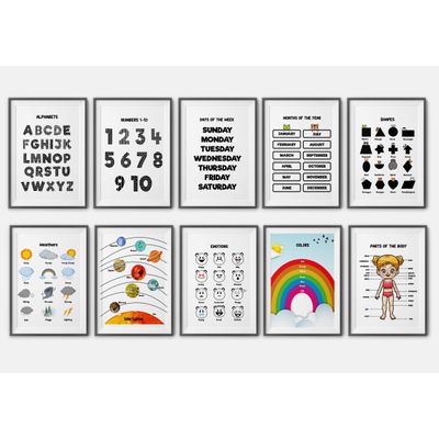 Traceease 10 Pôsteres Educativos Laminados para Sala de Aula e Pré-Escola - Alfabeto, Números 1–10, Partes do Corpo, Estações - S4Sassy 22,86 Cm × 30,48 Cm / Multicolorido