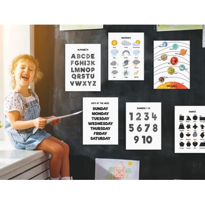 Traceease 10 Pôsteres Educativos Laminados para Sala de Aula e Pré-Escola - Alfabeto, Números 1–10, Partes do Corpo, Estações - S4Sassy 22,86 Cm × 30,48 Cm / Multicolorido