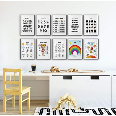Traceease 10 Pôsteres Educativos Laminados para Sala de Aula e Pré-Escola - Alfabeto, Números 1–10, Partes do Corpo, Estações - S4Sassy 22,86 Cm × 30,48 Cm / Multicolorido