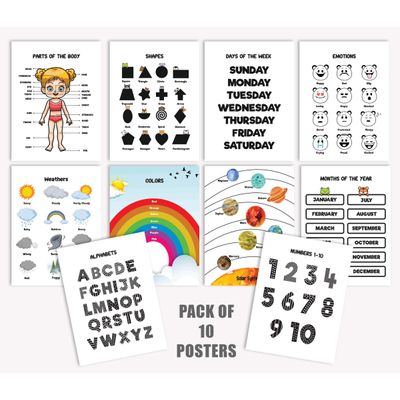 Traceease 10 Pôsteres Educativos Laminados para Sala de Aula e Pré-Escola - Alfabeto, Números 1–10, Partes do Corpo, Estações - S4Sassy 22,86 Cm × 30,48 Cm / Multicolorido
