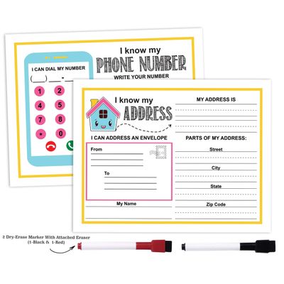 Ficha Laminada Reutilizável Eu Sei Meu Endereço e Telefone, Educação Infantil, Atividades para Casa com 2 Marcadores Apagáveis - Inkdotpot 21,59 Cm × 27,94 Cm / Branco
