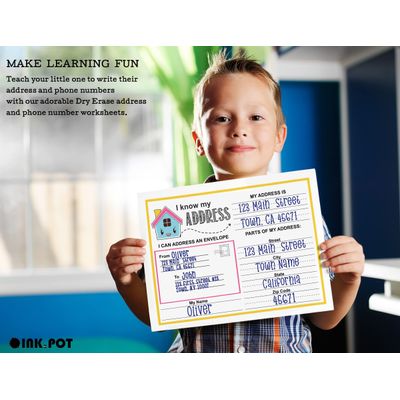 Ficha Laminada Reutilizável Eu Sei Meu Endereço e Telefone, Educação Infantil, Atividades para Casa com 2 Marcadores Apagáveis - Inkdotpot 21,59 Cm × 27,94 Cm / Branco