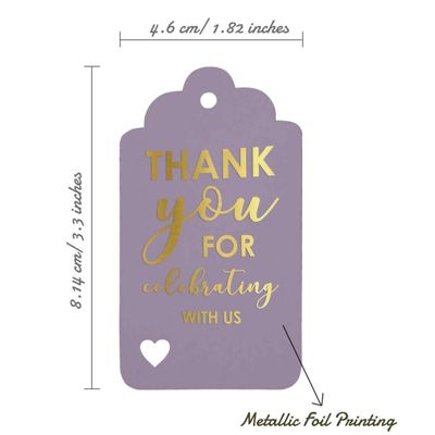 Etiquetas de Papel Metalizado 'Obrigado por Celebrar Conosco' - Chá de Noiva/Bebê/Aposentadoria/Casamento/Aniversário - Inkdotpot 100 Etiquetas Metalizadas / Roxo - Ouro Rosé