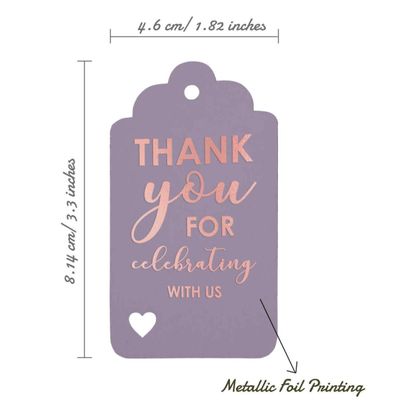 Etiquetas de Papel Metalizado 'Obrigado por Celebrar Conosco' - Chá de Noiva/Bebê/Aposentadoria/Casamento/Aniversário - Inkdotpot 100 Etiquetas Metalizadas / Roxo - Ouro Rosé
