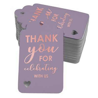 Etiquetas de Papel Metalizado 'Obrigado por Celebrar Conosco' - Chá de Noiva/Bebê/Aposentadoria/Casamento/Aniversário - Inkdotpot 100 Etiquetas Metalizadas / Roxo - Ouro Rosé