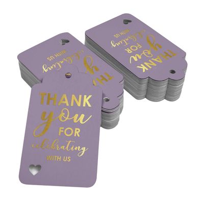 Etiquetas de Papel Metalizado 'Obrigado por Celebrar Conosco' - Chá de Noiva/Bebê/Aposentadoria/Casamento/Aniversário - Inkdotpot 100 Etiquetas Metalizadas / Roxo - Ouro Rosé