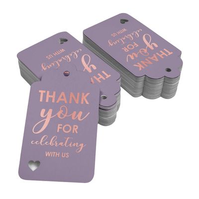 Etiquetas de Papel Metalizado 'Obrigado por Celebrar Conosco' - Chá de Noiva/Bebê/Aposentadoria/Casamento/Aniversário - Inkdotpot 100 Etiquetas Metalizadas / Roxo - Ouro Rosé