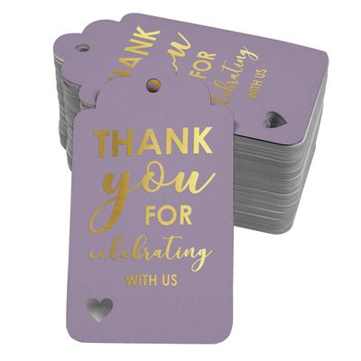 Etiquetas de Papel Metalizado 'Obrigado por Celebrar Conosco' - Chá de Noiva/Bebê/Aposentadoria/Casamento/Aniversário - Inkdotpot 100 Etiquetas Metalizadas / Roxo - Ouro Rosé