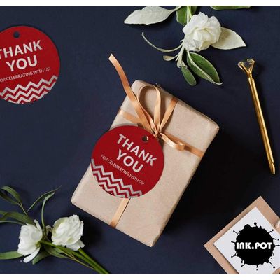 Obrigado por Celebrar Conosco - Chá de Noiva/Bebê/Aposentadoria/Casamento/Aniversário - Tag Metalizada para Garrafa e Lembrança - Inkdotpot 100 Etiquetas Metalizadas / Vermelho - Prata