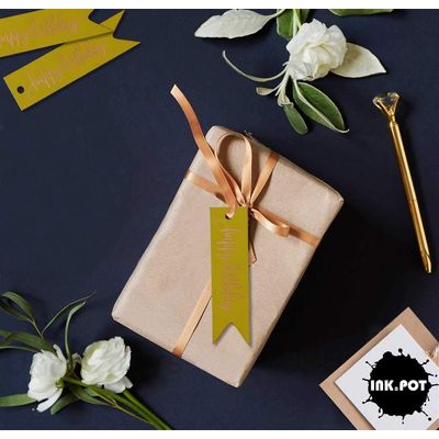 Etiquetas Pendentes de Papel para Lembrancinhas 'Feliz Aniversário' com Foil Artesanal - Inkdotpot 50 Etiquetas Metalizadas / Amarelo - Ouro Rosé