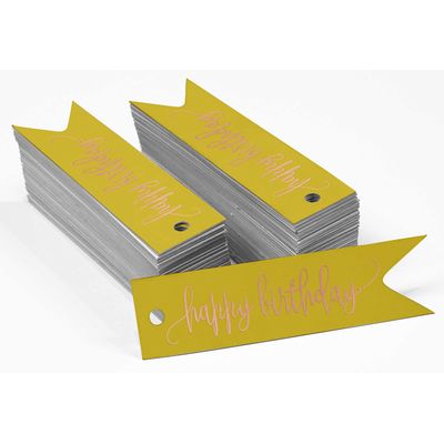 Etiquetas Pendentes de Papel para Lembrancinhas 'Feliz Aniversário' com Foil Artesanal - Inkdotpot 50 Etiquetas Metalizadas / Amarelo - Ouro Rosé