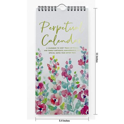 Calendário Perpétuo Floral Enfeite de Parede para Aniversário, Lembrete de Eventos, Detalhe Dourado, Planejador/Organizador - Inkdotpot 27,94 Cm × 13,72 Cm / Multicolorido