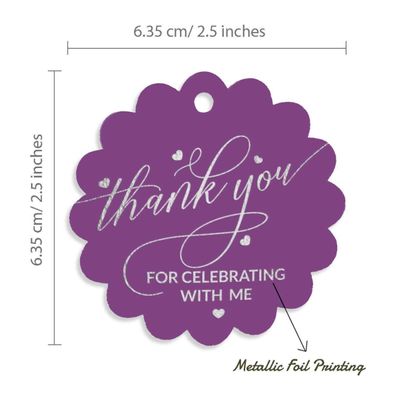 Etiquetas de Papel Metalizado 'Obrigado por Celebrar Comigo' para Lembrancinhas de Aniversário para Pendurar - Inkdotpot 100 Etiquetas Metalizadas / Roxo - Prata