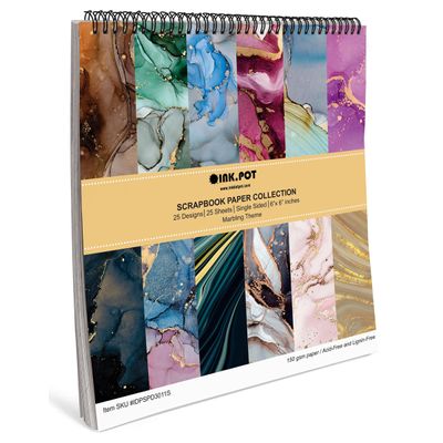 Bloco de 25 Folhas Tema Mármore, Textura Lado Único, Papel Cartão Colorido para Scrapbook, Material para Cartões e Diário - Inkdotpot 15,24 Cm × 15,24 Cm / Multicolorido