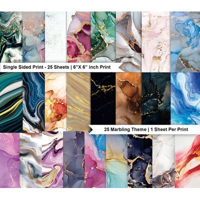 Bloco de 25 Folhas Tema Mármore, Textura Lado Único, Papel Cartão Colorido para Scrapbook, Material para Cartões e Diário - Inkdotpot 15,24 Cm × 15,24 Cm / Multicolorido