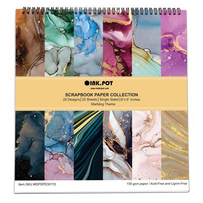 Bloco de 25 Folhas Tema Mármore, Textura Lado Único, Papel Cartão Colorido para Scrapbook, Material para Cartões e Diário - Inkdotpot 15,24 Cm × 15,24 Cm / Multicolorido