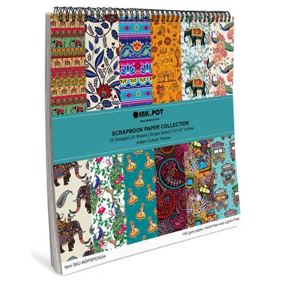 Bloco 25 Folhas Tema Indiano para Scrapbook - Papel Lado Único - Papel Cartão Colorido para Scrapbooking, para Cartões e Diários - Inkdotpot 30,48 Cm × 30,48 Cm / Multicolorido
