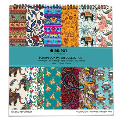 Bloco 25 Folhas Tema Indiano para Scrapbook - Papel Lado Único - Papel Cartão Colorido para Scrapbooking, para Cartões e Diários - Inkdotpot 30,48 Cm × 30,48 Cm / Multicolorido