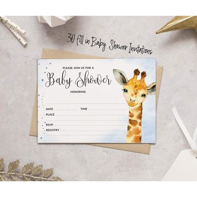 30 Cartões Preenchíveis para Chá de Bebê com Girafa e Animais da Selva, em Branco - Inkdotpot 12,7 Cm × 17,78 Cm / Azul - Conjunto