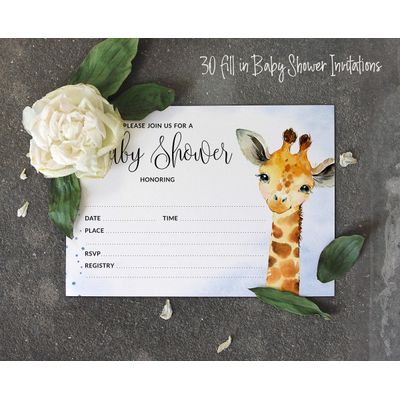 30 Cartões Preenchíveis para Chá de Bebê com Girafa e Animais da Selva, em Branco - Inkdotpot 12,7 Cm × 17,78 Cm / Azul - Conjunto