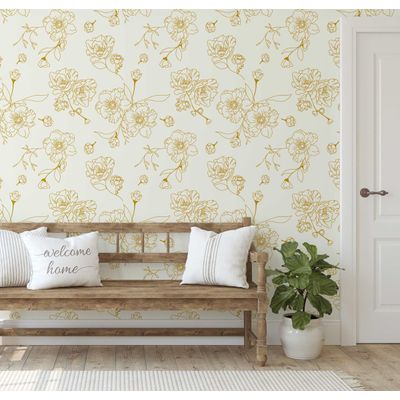 Papel de Parede Adesivo Vinil, Arte Floral Minimalista, Impermeável, para Paredes e Armários - Amarelo - S4Sassy 63,5 cm (L) × 609,6 cm (C) / Amarelo - Vinil Liso