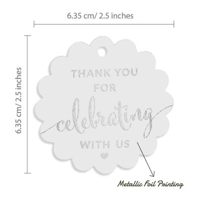 Etiquetas de Papel Foil "Obrigado por Celebrar Conosco" Chá de Bebê/Casamento/Aniversário - Inkdotpot 100 Etiquetas Metalizadas / Branco - Prata