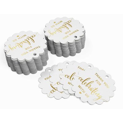 Etiquetas de Papel Foil "Obrigado por Celebrar Conosco" Chá de Bebê/Casamento/Aniversário - Inkdotpot 100 Etiquetas Metalizadas / Branco - Prata