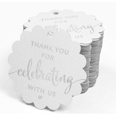 Etiquetas de Papel Foil "Obrigado por Celebrar Conosco" Chá de Bebê/Casamento/Aniversário - Inkdotpot 100 Etiquetas Metalizadas / Branco - Prata