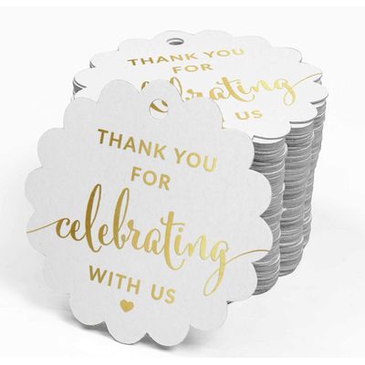 Etiquetas de Papel Foil "Obrigado por Celebrar Conosco" Chá de Bebê/Casamento/Aniversário - Inkdotpot 100 Etiquetas Metalizadas / Branco - Prata