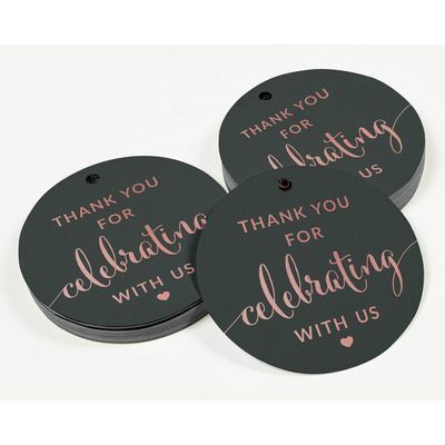 Etiquetas de Presente em Papel Laminado Obrigado Chá de Bebê-Casamento-Aniversário-Aposentadoria - Inkdotpot 50 Etiquetas Metalizadas / Cinza - Ouro Rosé