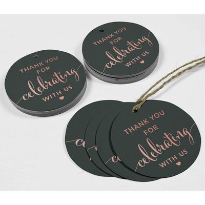 Etiquetas de Presente em Papel Laminado Obrigado Chá de Bebê-Casamento-Aniversário-Aposentadoria - Inkdotpot 50 Etiquetas Metalizadas / Cinza - Ouro Rosé