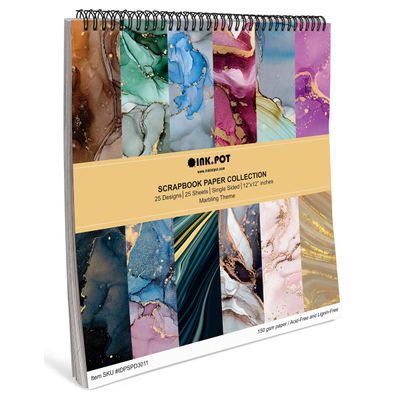 Bloco de 25 Folhas Tema Mármore, Textura Lado Único, Papel Cartão Colorido para Scrapbook, Material para Cartões e Diário - Inkdotpot 30,48 Cm × 30,48 Cm / Multicolorido