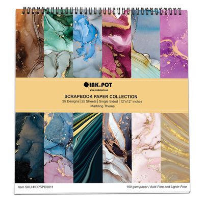 Bloco de 25 Folhas Tema Mármore, Textura Lado Único, Papel Cartão Colorido para Scrapbook, Material para Cartões e Diário - Inkdotpot 30,48 Cm × 30,48 Cm / Multicolorido