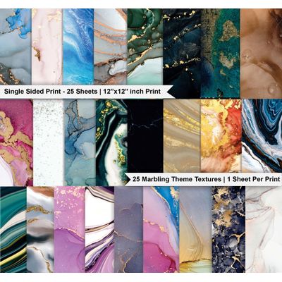 Bloco de 25 Folhas Tema Mármore, Textura Lado Único, Papel Cartão Colorido para Scrapbook, Material para Cartões e Diário - Inkdotpot 30,48 Cm × 30,48 Cm / Multicolorido