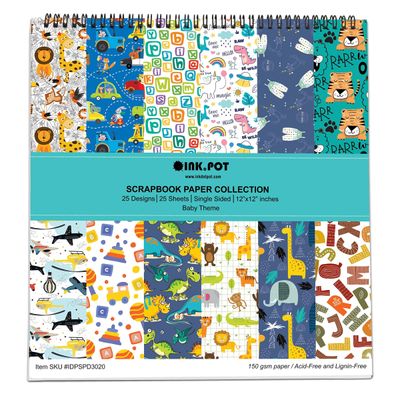 Bloco de 25 Folhas Tema Bebê para Scrapbook Lado Único, Papel Cartão Colorido, Fundos Decorativos, Cartões e Diário - Inkdotpot 30,48 Cm × 30,48 Cm / Multicolorido