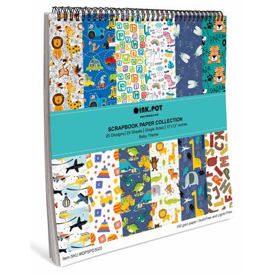 Bloco de 25 Folhas Tema Bebê para Scrapbook Lado Único, Papel Cartão Colorido, Fundos Decorativos, Cartões e Diário - Inkdotpot 30,48 Cm × 30,48 Cm / Multicolorido