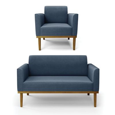 Sofá Namoradeira Com Poltrona Base De Madeira Fixa Castanho Marisa Suede D03 - D?rossi Cor Azul Marinho