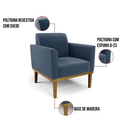 Sofá Namoradeira Com Poltrona Base De Madeira Fixa Castanho Marisa Suede D03 - D?rossi Cor Azul Marinho